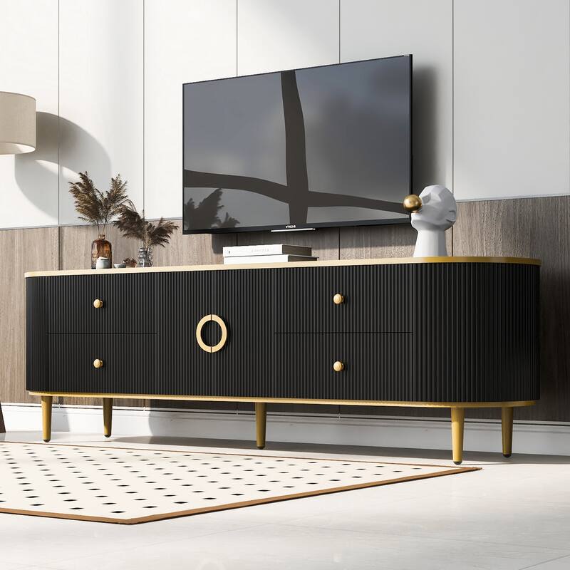 Modern TV Stand for TVs up to 80 Inches, Entertainment Center with 4 Drawers and 1 Cabinet, Wood TV Console Table