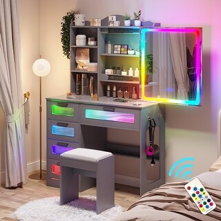 Vanity Desk with Sliding Mirror, LED Lights, Charging Station, Remote ...