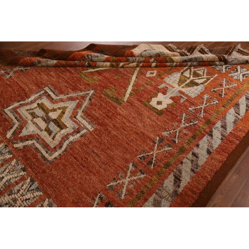 Hand Knotted Oriental 100% Wool Carpet Modern Tribal Oranges & Rust Moroccan Area Rug - 10' 0'' X 7' 1''