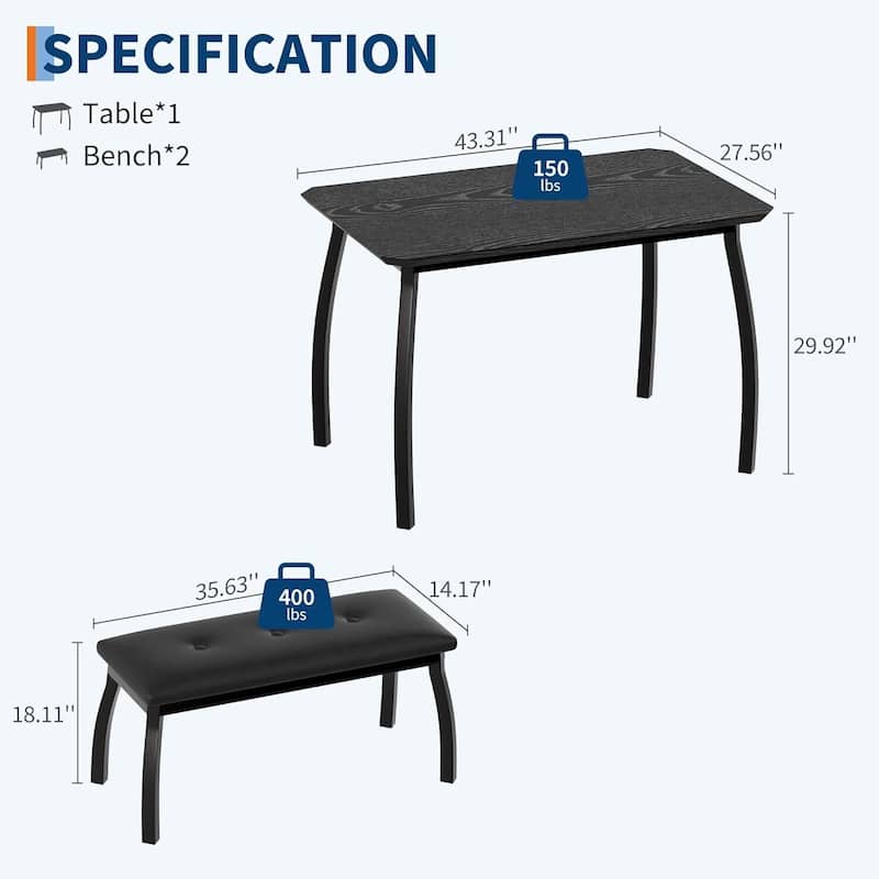 43.3" Kitchen Dining Table Set with 2 Upholstered Benches for Home Kitchen Dining