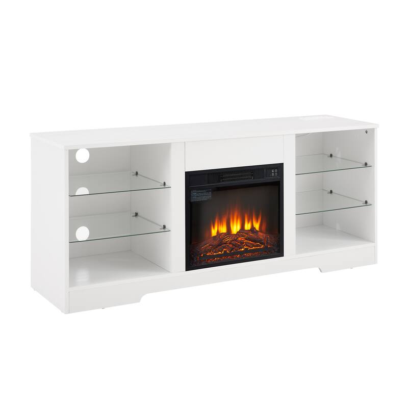 58'' TV Stand for TVs up to 62" with 3D Electric Fireplace, Glass Shelves, LED Lights and USB Charging Ports