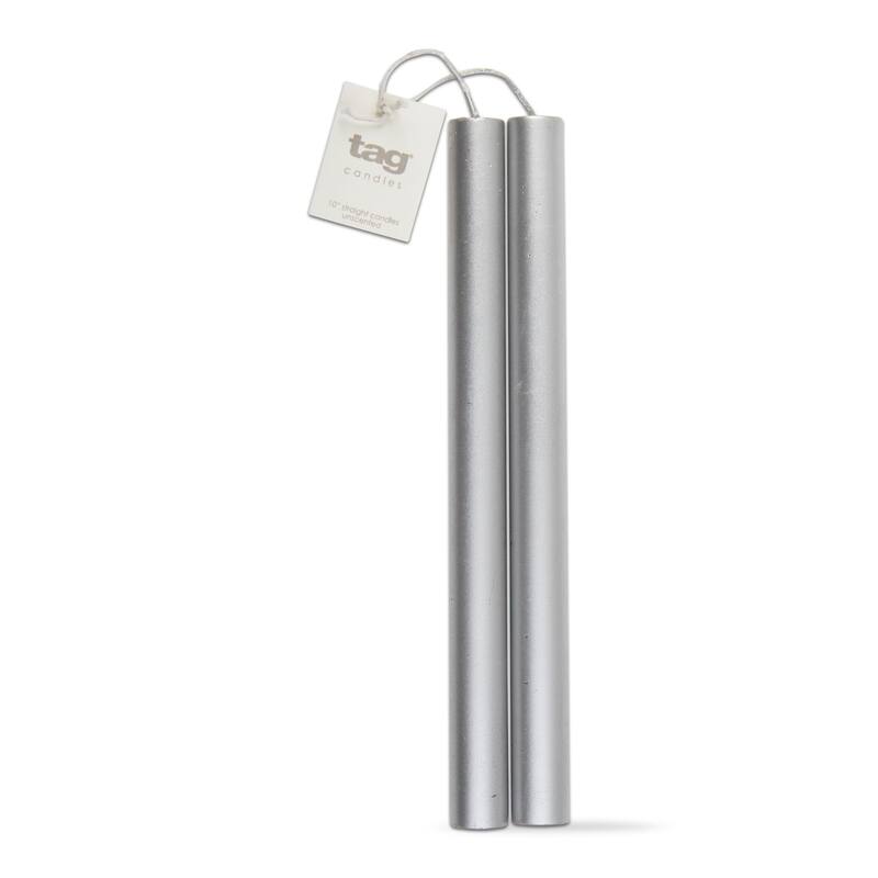 10" Set of 2 Straight Taper Metallic Silver Paraffin Wax Candles, Burn Time 10 Hours.