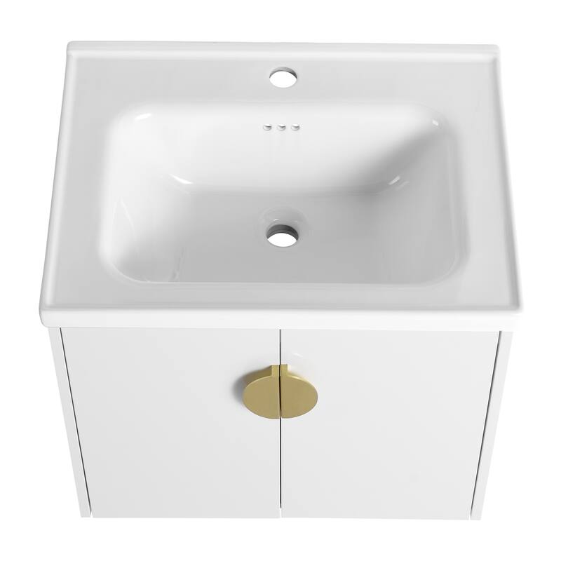 Wall-Mounted Bathroom Vanity with Ceramic Basin, Soft-Close Doors, and Customizable Metal Handles
