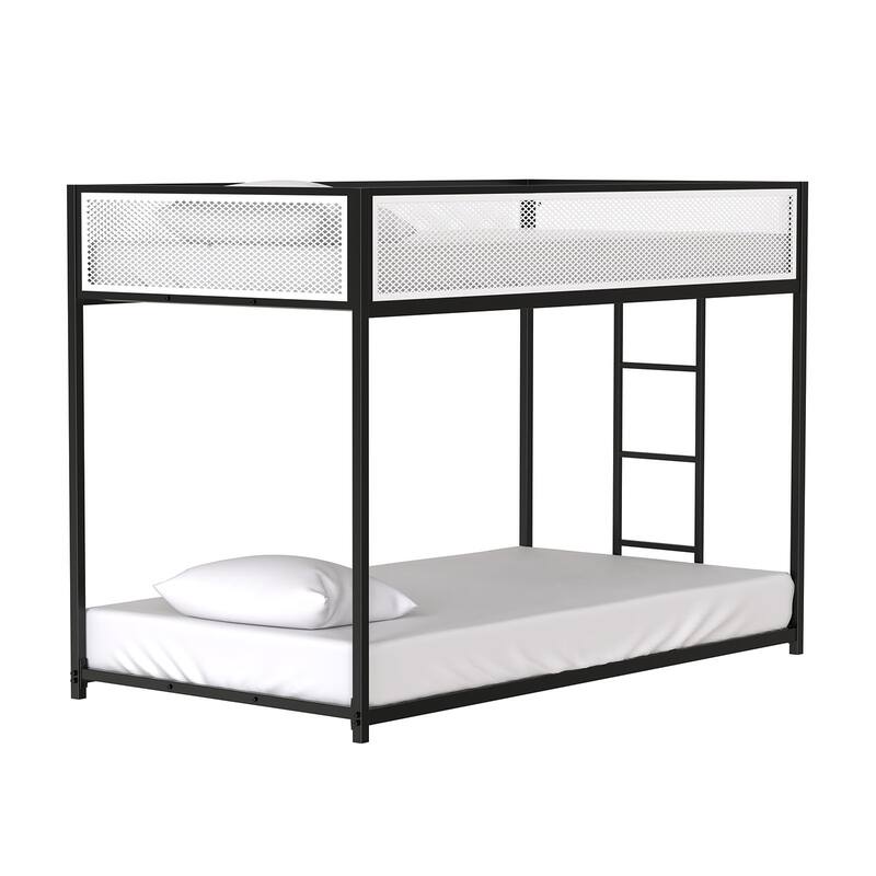 Contemporary Twin Over Twin Metal Bunk Bed with Ladder, Black Finish, Full Metal Construction