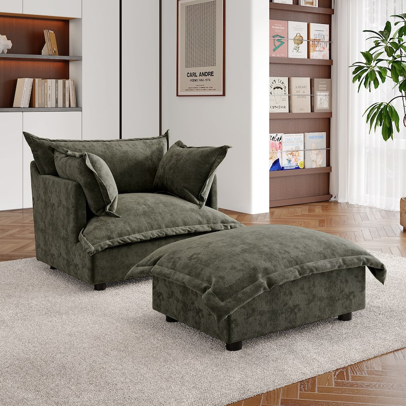Double Layer Cushion Comfy Cloud Modular Sectional Sofa Set - Single Armchair+Ottoman-Grey Green - Symmetrical