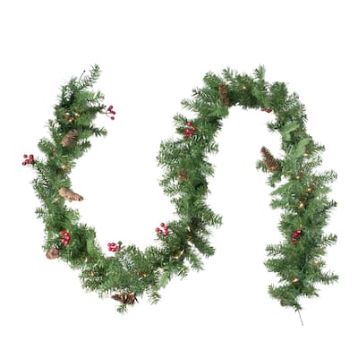 9' x 10" Pre-Lit Noble Fir with Berries Artificial Christmas Garland - Clear Lights