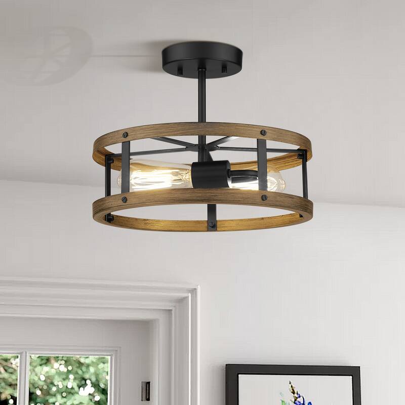2-light Wood and Matte Black Finish Semi-flush Mount Light Metal Cage Ceiling Light - 12.9" (D) x 4.4" (H) - Matte Black&wooden
