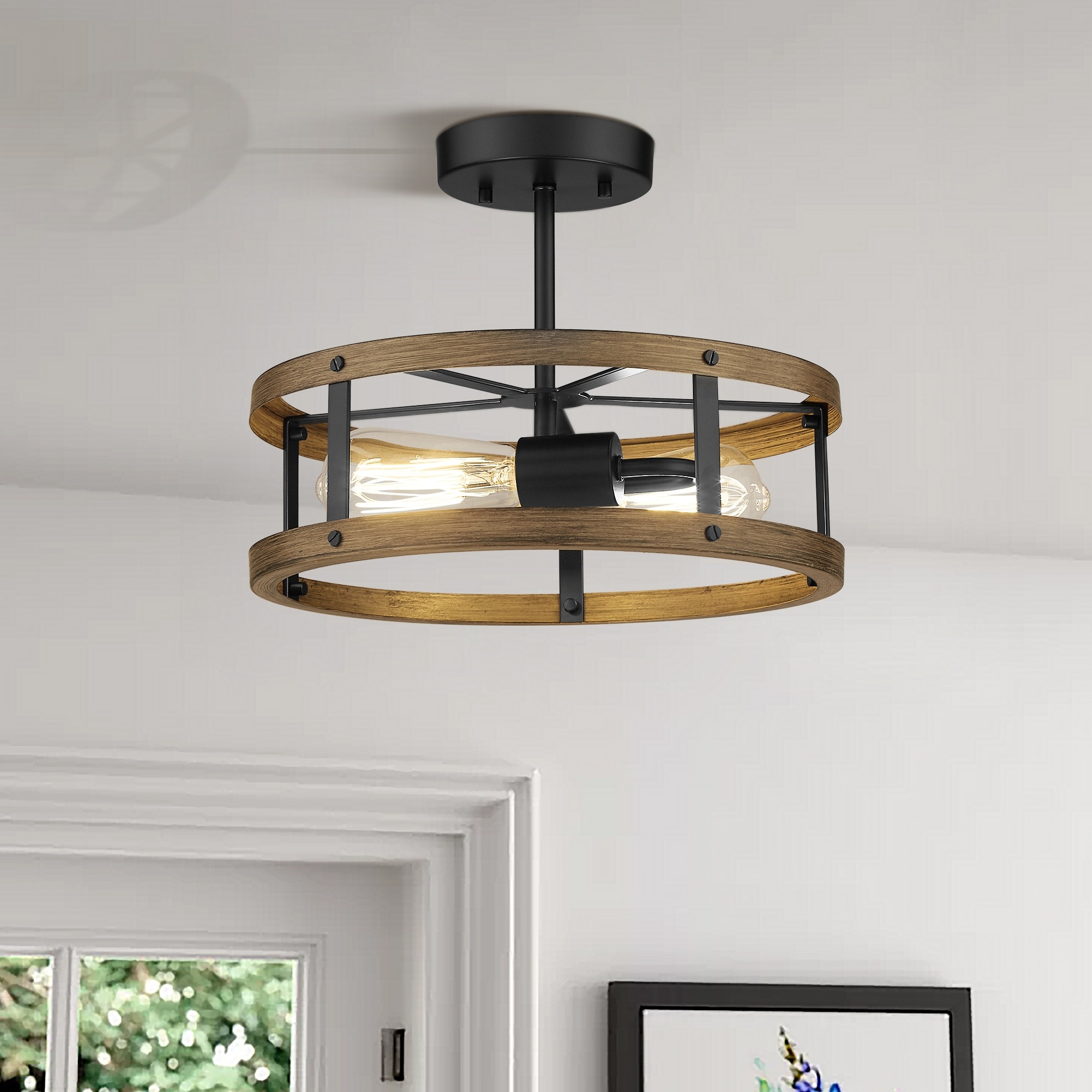 2 light Wood and Matte Black Finish Semi flush Mount Light Metal