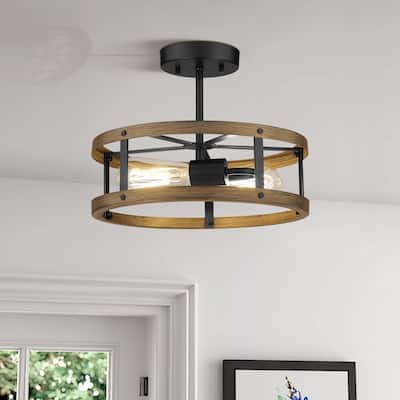 2-light Wood and Matte Black Finish Semi-flush Mount Light Metal Cage Ceiling Light - 12.9" (D) x 4.4" (H)