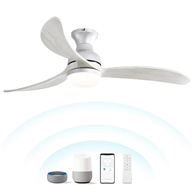 Sofucor 52inch Smart-controlled Flush-mount Ceiling Fan with Streamlined Curved Blades, Remote Control, and Dimmable LED Light - Silver with Gray White Solid Wood Blades