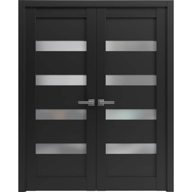 Solid French Double Doors 36 x 80 inches | Quadro 4113 Matte Black Frosted Glass - 72" x 96" ( 2* 36x96)