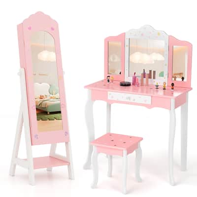 Gymax Kids Vanity Set Princess Makeup Dressing Table & Chair Set w/