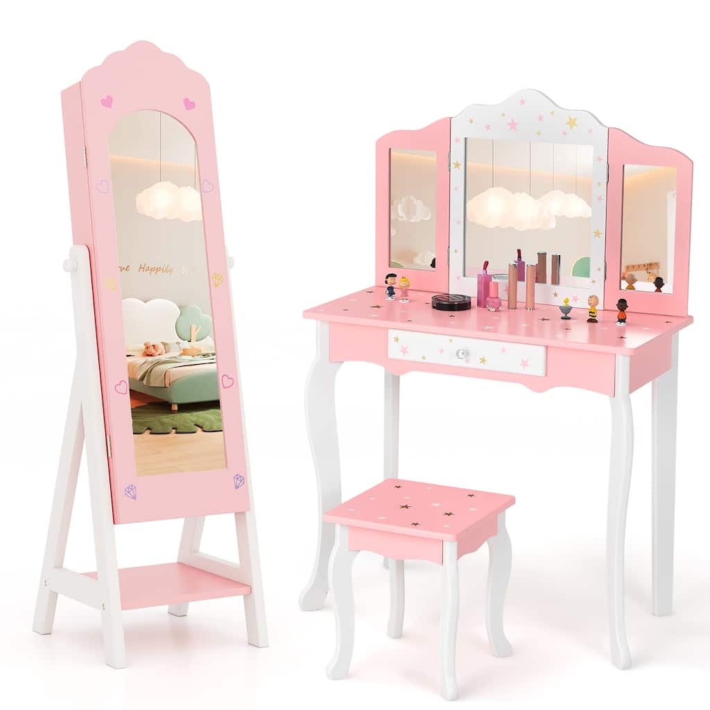 Gymax Kids Vanity Set Princess Makeup Dressing Table & Chair Set w/