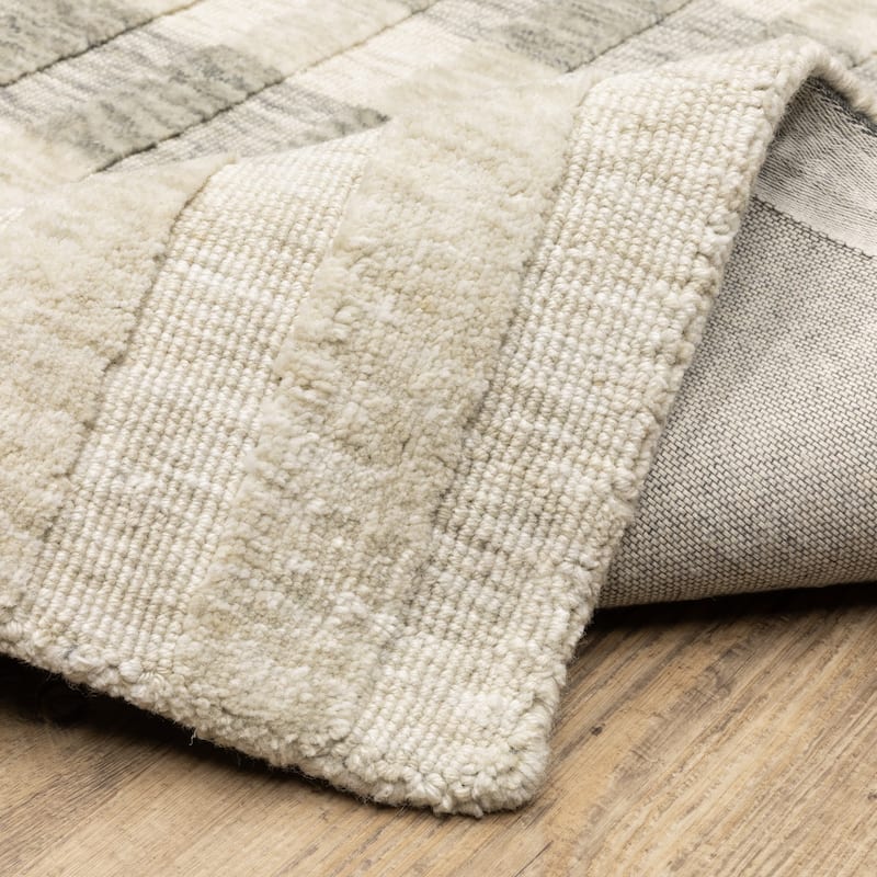 Thalia Scandinavian Textured Stripes Beige/ Grey PET Yarn Area Rug