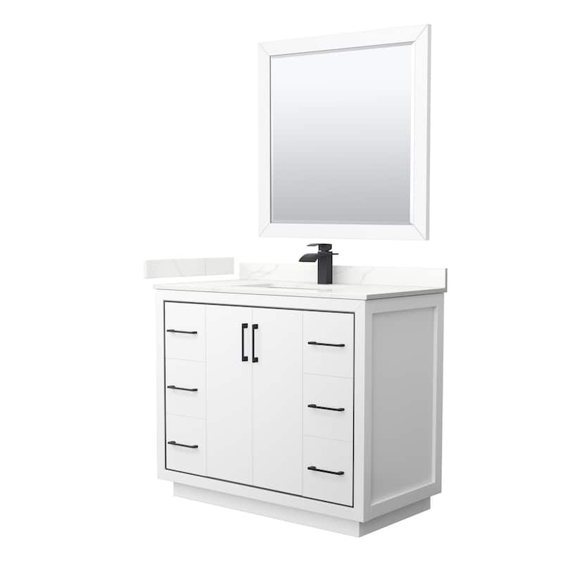 Icon 42-inch Single Vanity, Quartz Top, 34-inch Mirror - White, Black Trim, Giotto Quartz Top