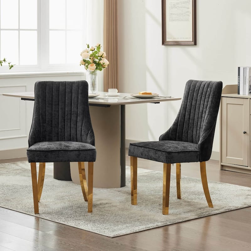 Set of 2 Chenille Upholstered Dining Chairs with Golden Steel Legs