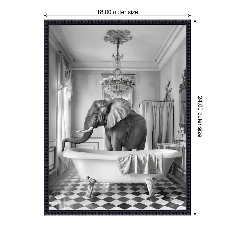 A Bathroom Occupied Elephant by Niky Rahner Framed Canvas Wall Art - 18 x 24 in
