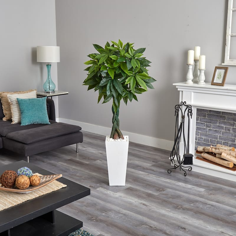 5.5ft Money Artificial Tree in White Tower Planter with Real Touch Green Leaves and Braided Trunk for Office Decor
