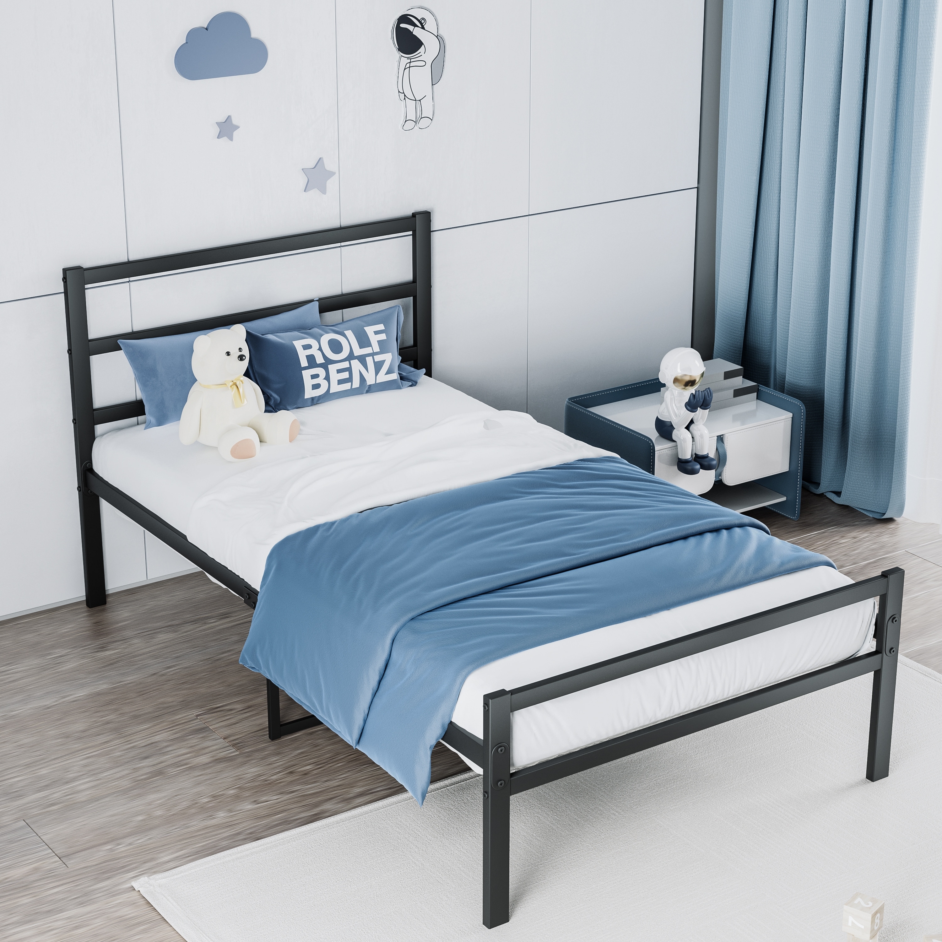 Twin Metal Platform Bed w Headboard Sturdy Frame No Box Spring Steel Slats