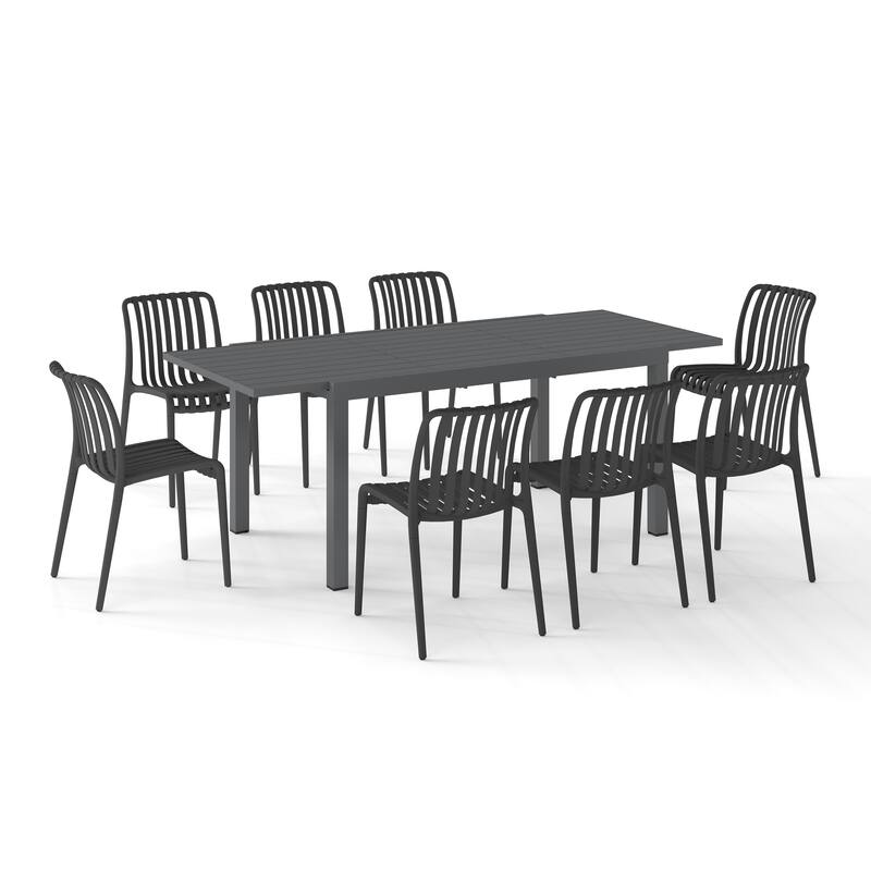 Outdoor Dining Set 9-Piece Stackable Plastic Lightweight Dining Chair and Extendable Dining Table