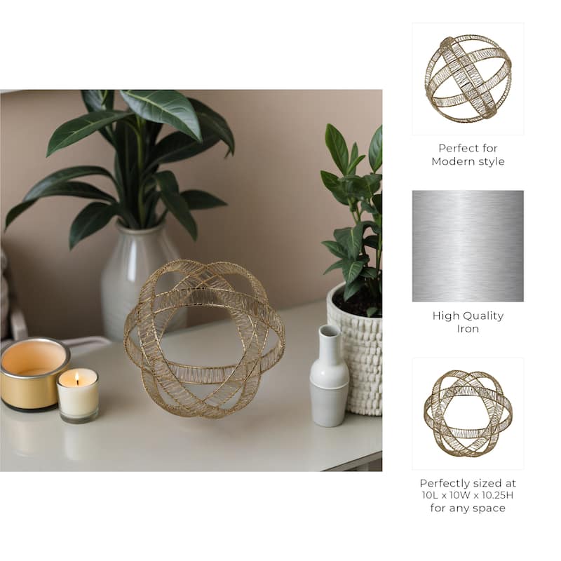 Metal Orb Sculpture with Interwoven Iron Wire Design Decorative Accent