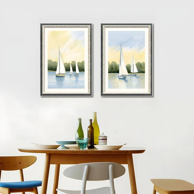 Set of 2 Sailboat Framed Wall Art - Replaceable Canvas Prints with Solid Wood Picture Frames, Nautical Wall Decor - Green,Pink