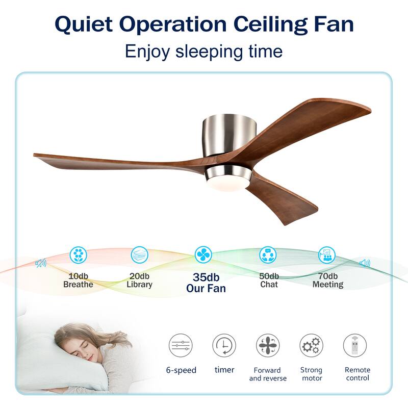 52" Flush Mount Solid Wood Blades Ceiling Fan with Lights Remote Control, Quiet DC Motor, 6 Speed, Reversible Ceiling Fan