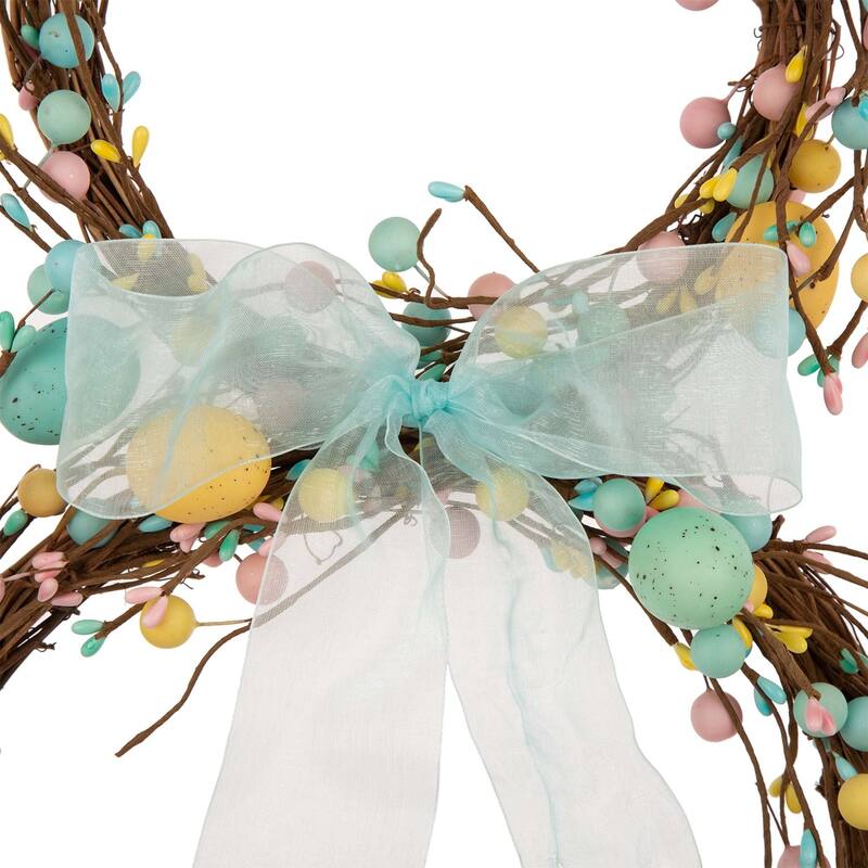 Glitzhome Easter Bunny Shaped Wreath with Eggs Satin Ribbon Bow Basket
