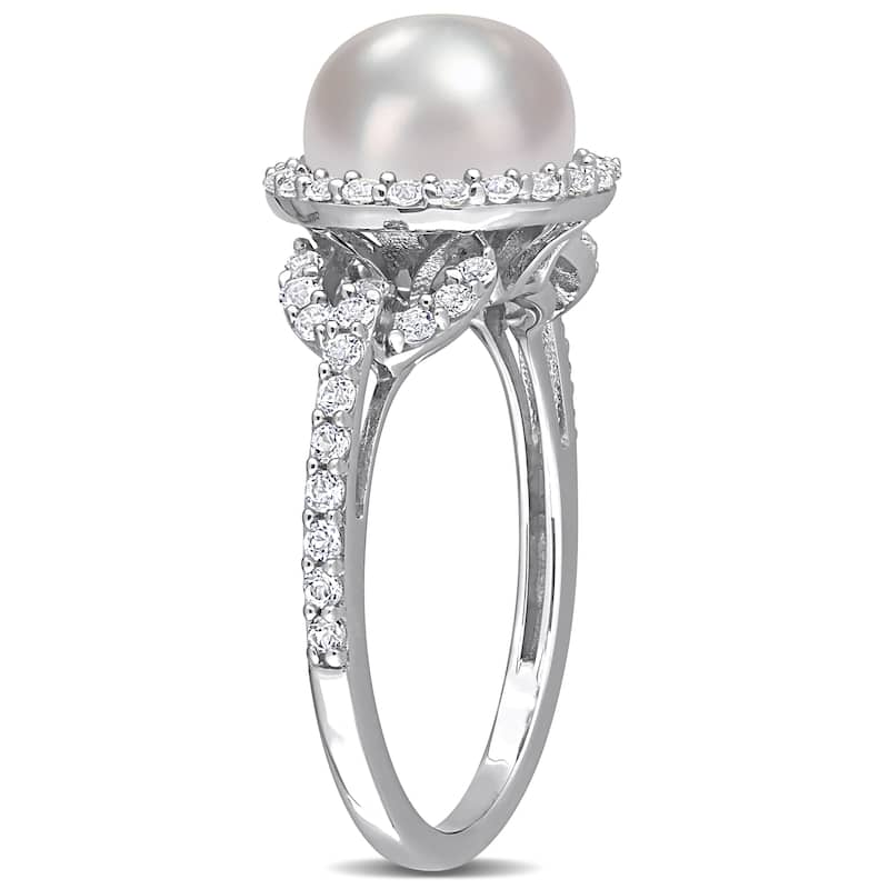 Miadora 8.5-9mm Cultured Freshwater Pearl and 3/4ct TGW White Topaz Halo Ring in Sterling Silver
