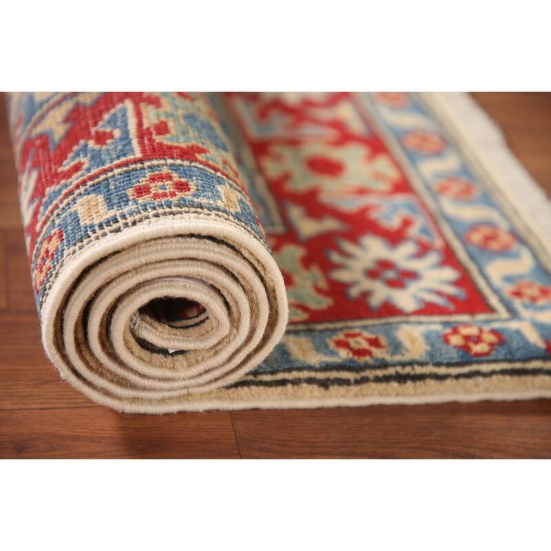 Geometric Grey Kazak Foyer Rug Hand-Knotted Wool Carpet - 2'6" x 3'11"