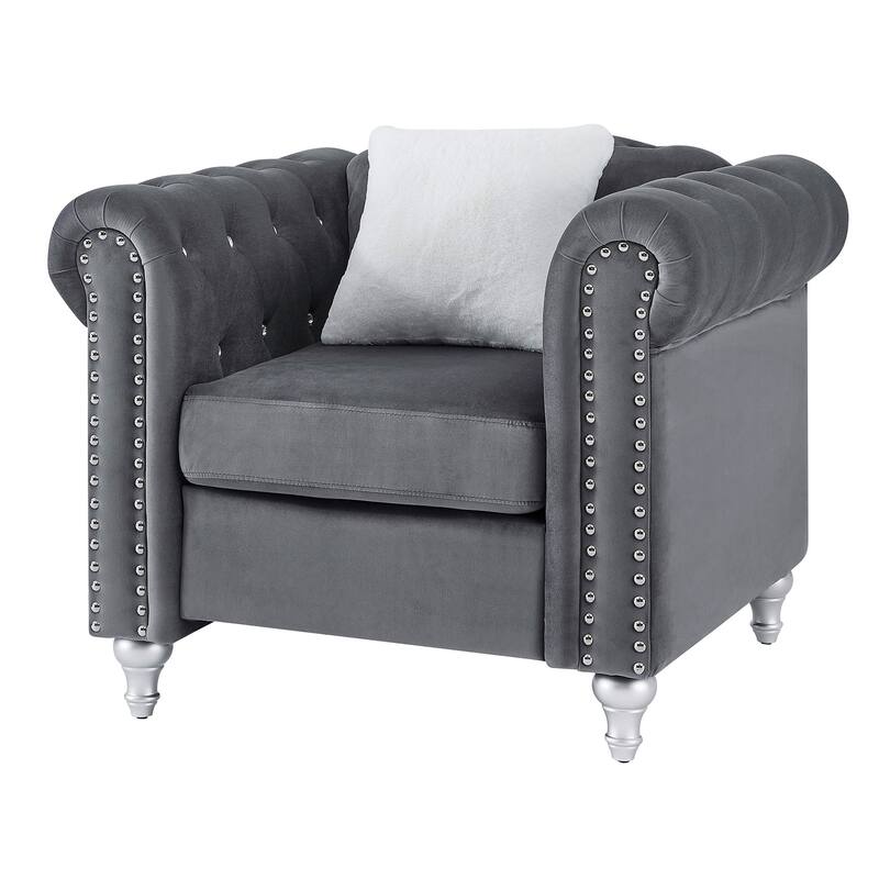 Jeweled Tufted Velvet Accent Chair with Throw Pillow - 38" - Gray