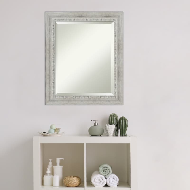 Beveled Wood Bathroom Wall Mirror - Rustic White Wash Frame