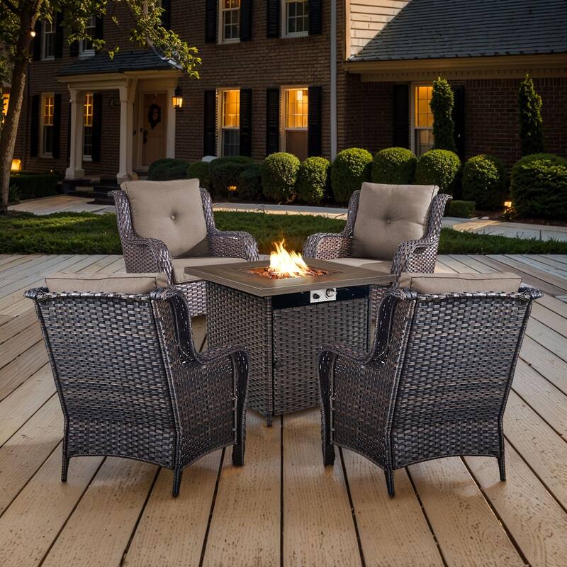 Gymojoy 5-Piece Outdoor Wicker Patio Furniture with Fire Pit Table, Rattan Coversation Set with Water Resistant Thick Cushions