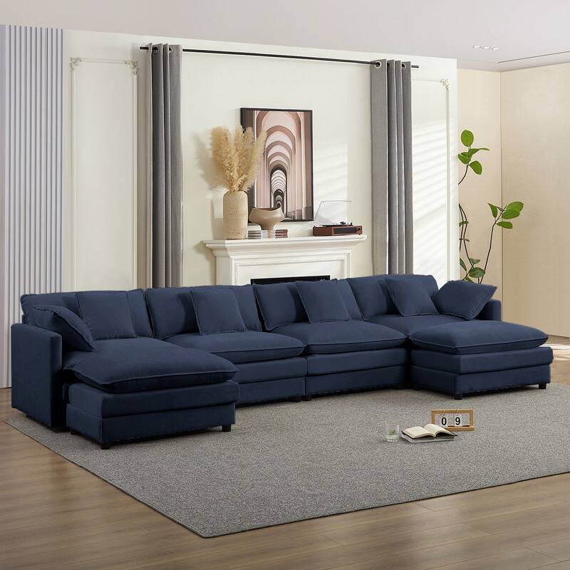 Mixoy 148''Oversized Modular Sectional Sofa, U-Shaped 6-Seater Chenille Upholstered Deep Seat Sofa with 2 Movable Ottomans - 4+2 - Dark Blue - Symmetrical