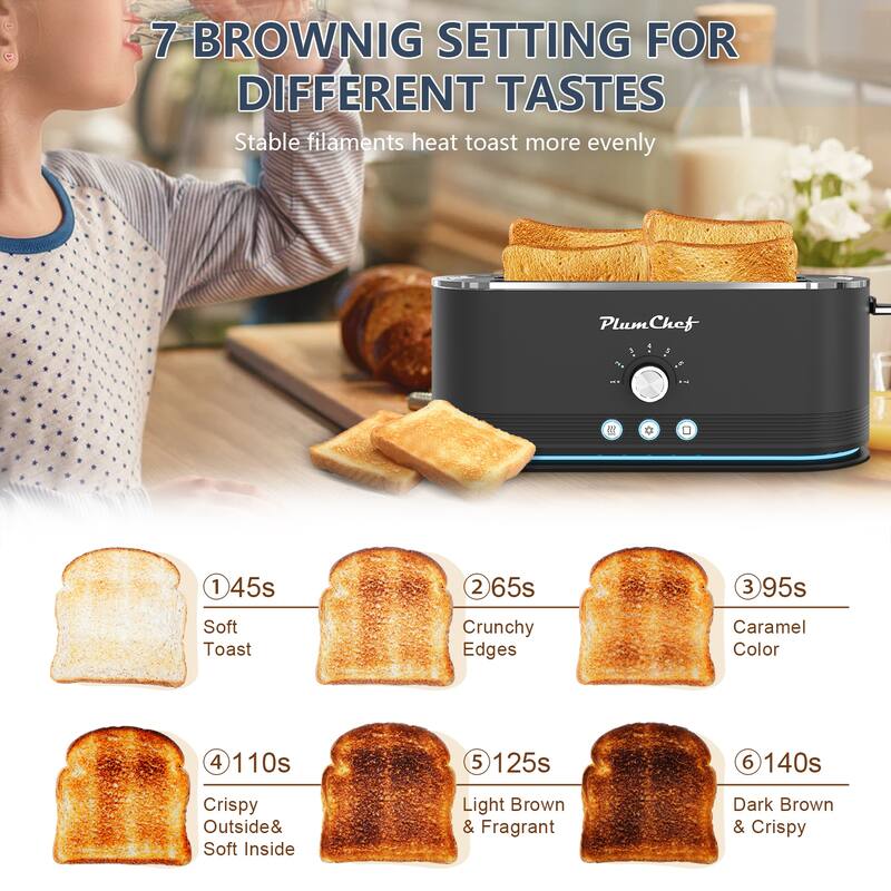 4 Slice Toaster with 7 Browning Settings, Stainless Steel Toaster with Defrost Reheat, Anti Jam, 1400W