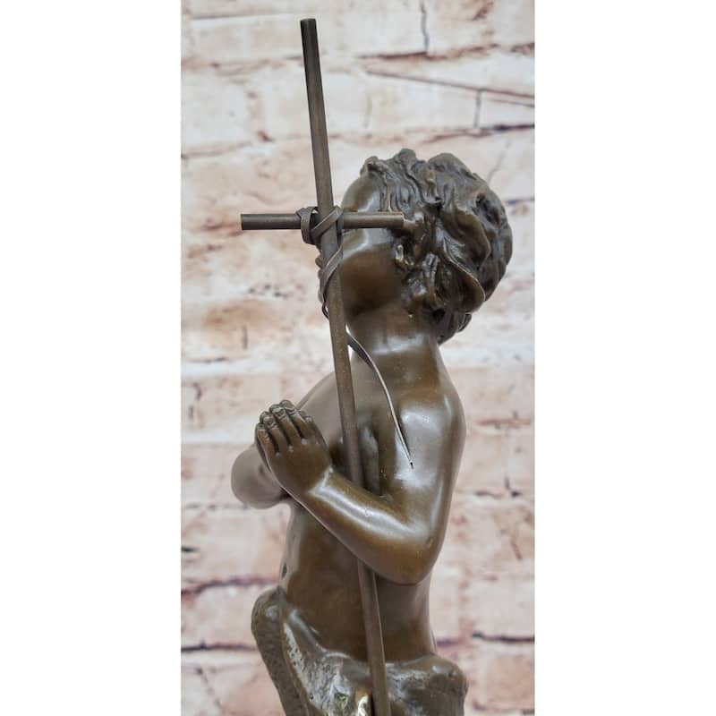 Young Child Saint Carrying Cross Religious Christianity Bronze Sculpture Statue