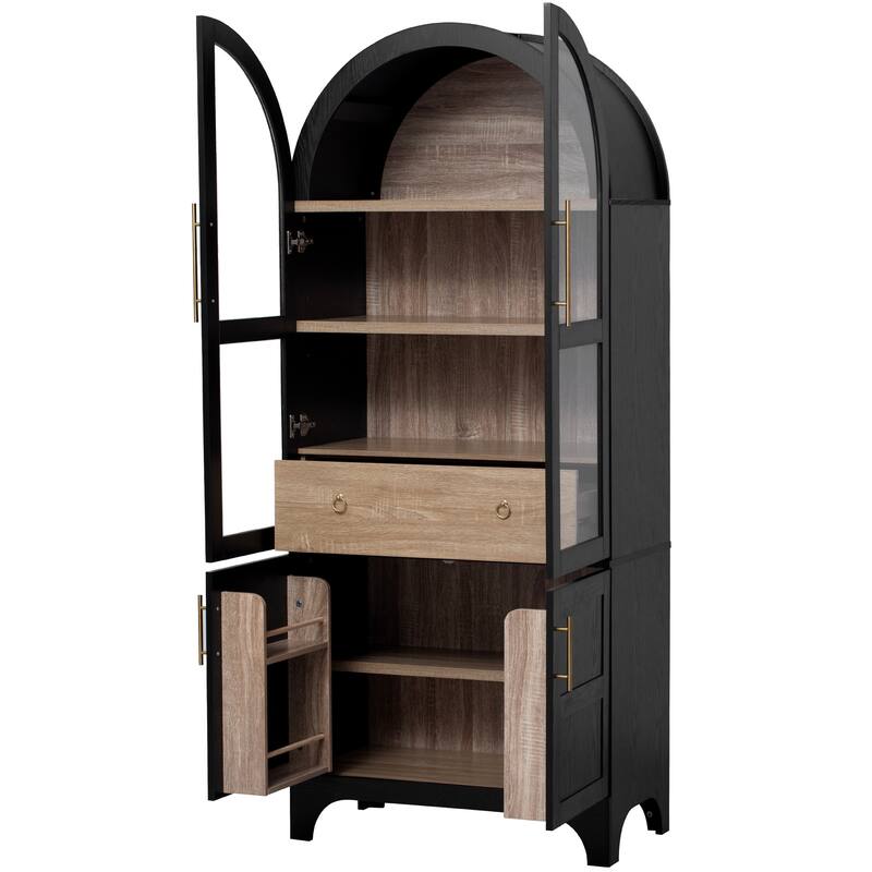 Anmytek 71" Farmhouse Arched Kitchen Pantry Cabinet Black with Glass Doors and Adjustable Shelves