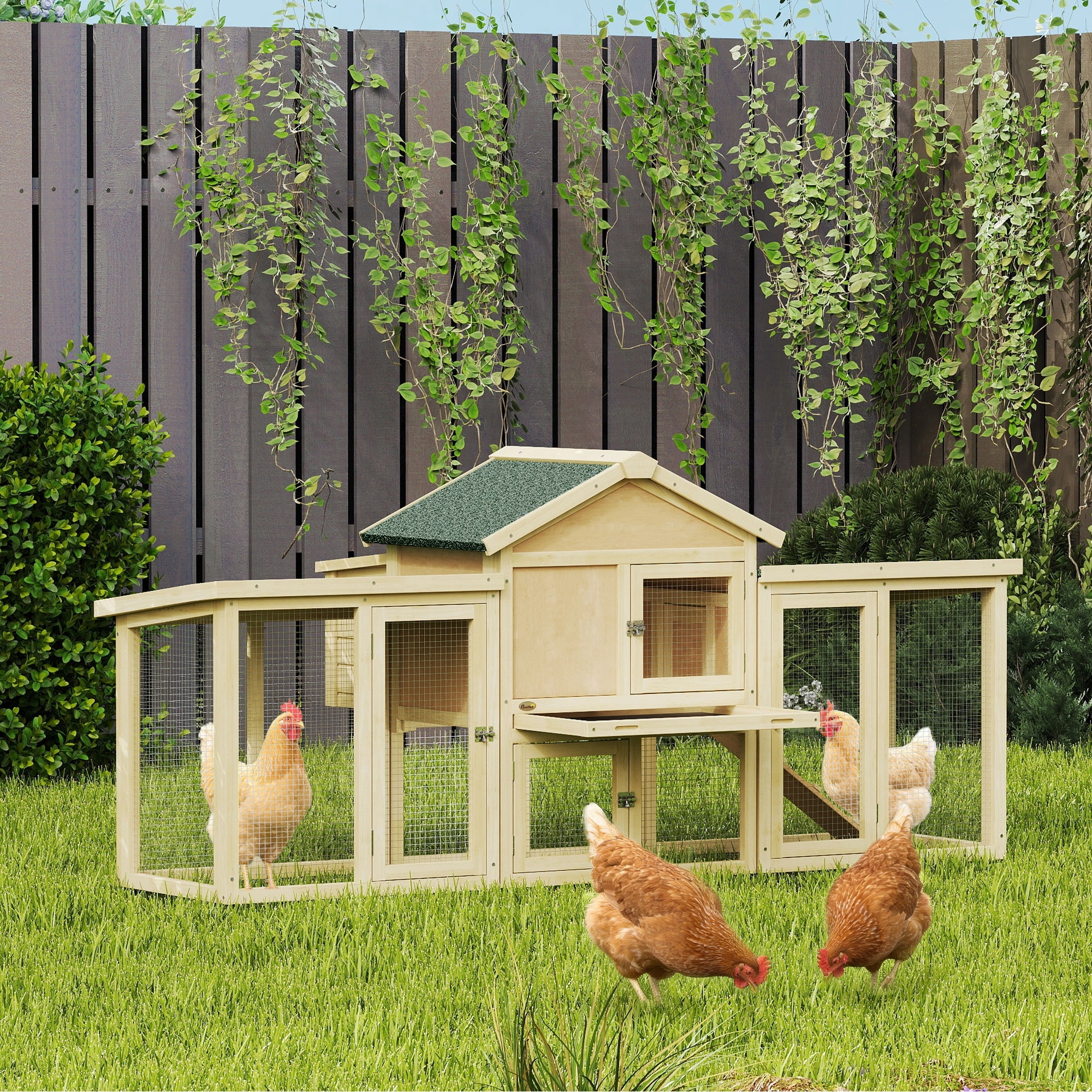 PawHut 80" Chicken Coop, Wooden Outdoor Chicken Cage Hen House with Nesting Box, Double Runs, Removable Tray, Ramp, for Backyard
