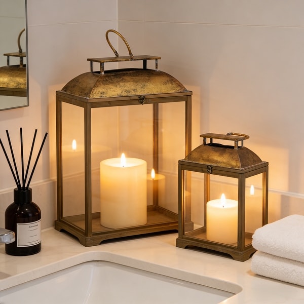 Candle Lantern 2-Piece Set, Brown/Gold, Iron/Fir Wood/Glass - Bed