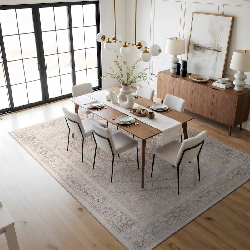Beige Medallion Flat Pile Washable Rug - Pet Friendly, Non-Slip for Entryway and Bedroom