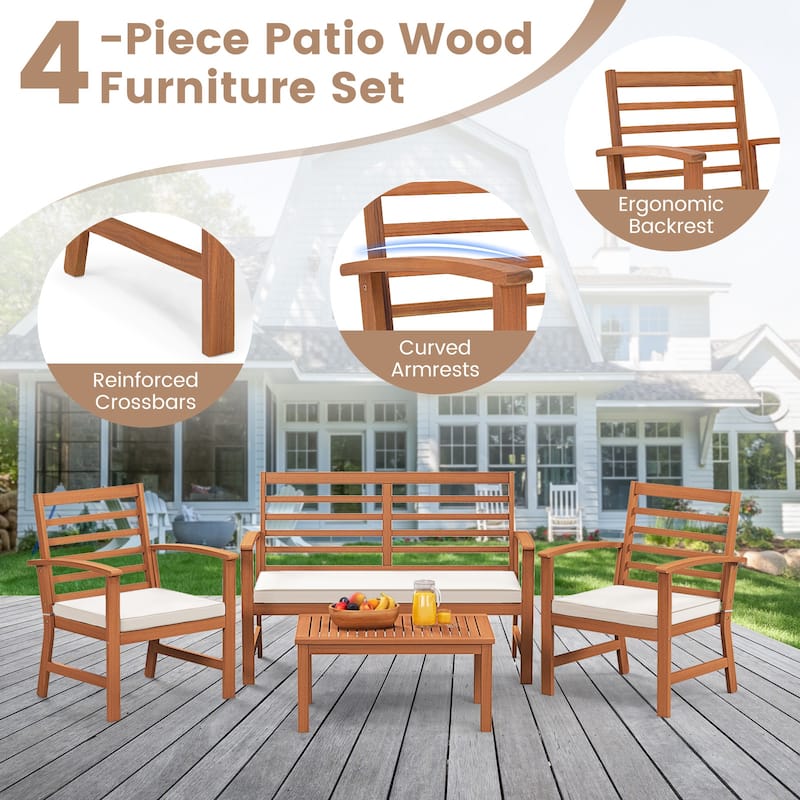 Gymax 4PCS Outdoor Furniture Set w/ Soft Seat Cushions Stable Acacia