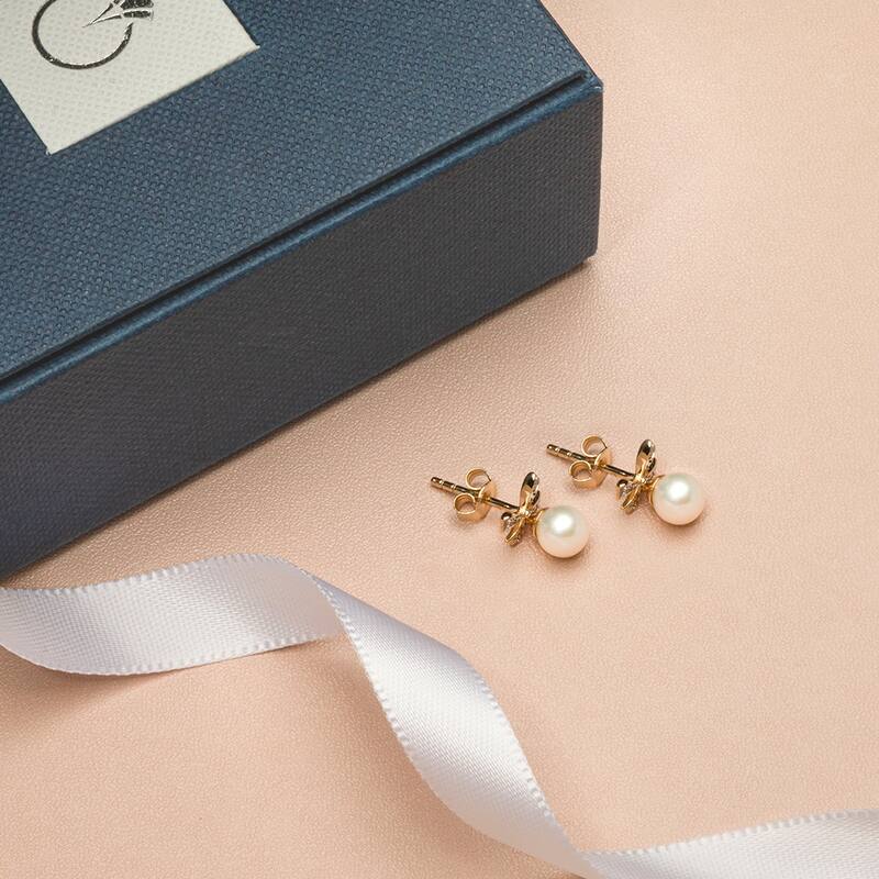 14k Yellow Gold Freshwater Pearl Bow Design Drop Earrings