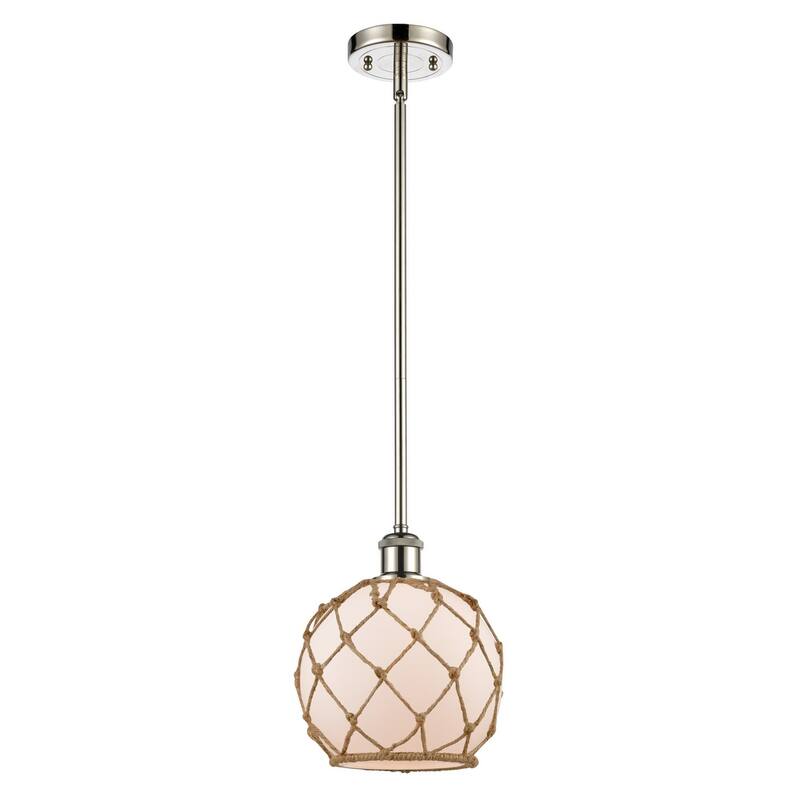 Innovations Lighting Farmhouse Rope 8" Wide Mini Pendant - Polished Nickel / White Glass with Brown Rope