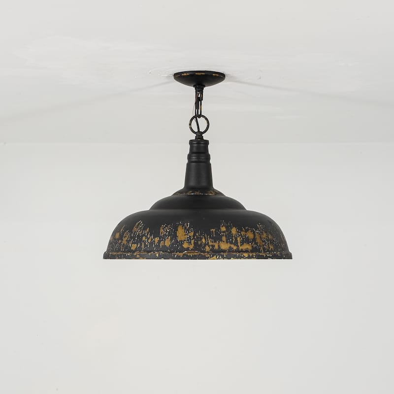 17.7" 1-Light Farmhouse Industrial Black and Gold Distressed Metal Dome Pendant Light with Adjustable Chain