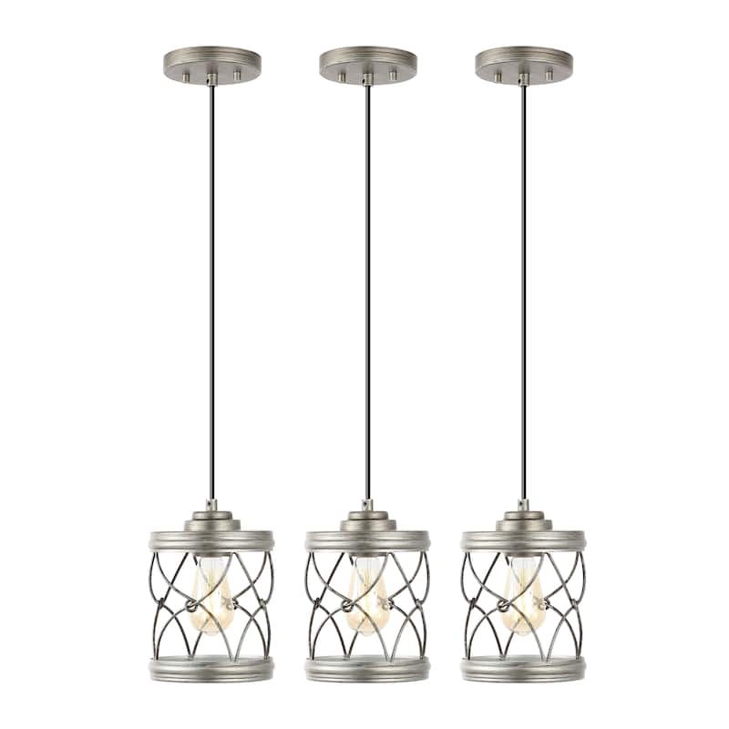 Helisa 6.5" 1-Light Farmhouse Industrial Iron Filigree Caged Jar LED Pendant, (Set of 3) by JONATHAN Y - Antique Silver