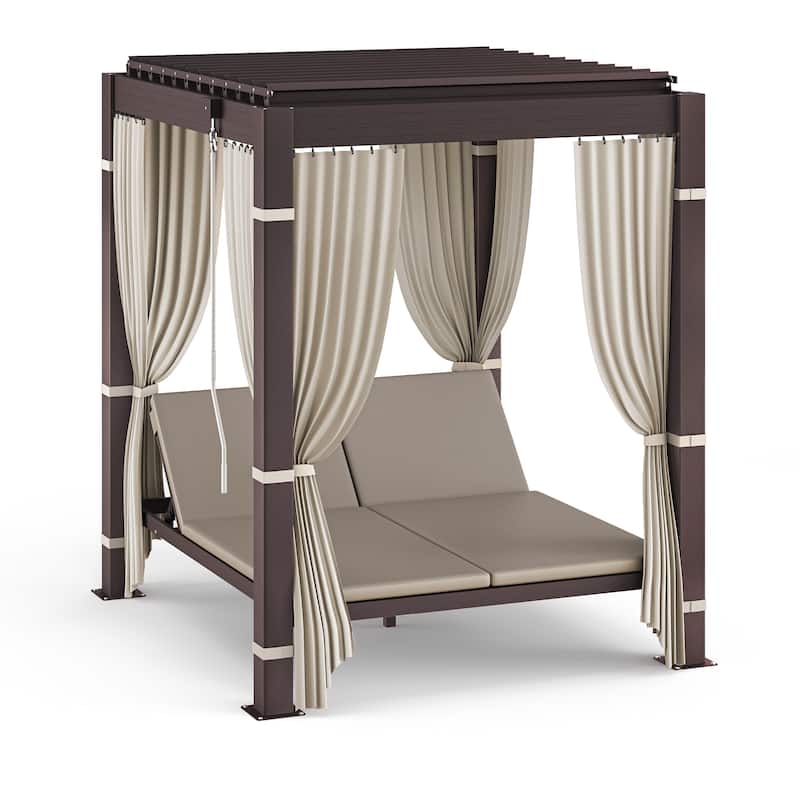 Outdoor Patio Daybed With Canopy, Double Chaise Lounge Sunbed With Adjustable Seats, Aluminum Outdoor Patio Sunbed For Garden