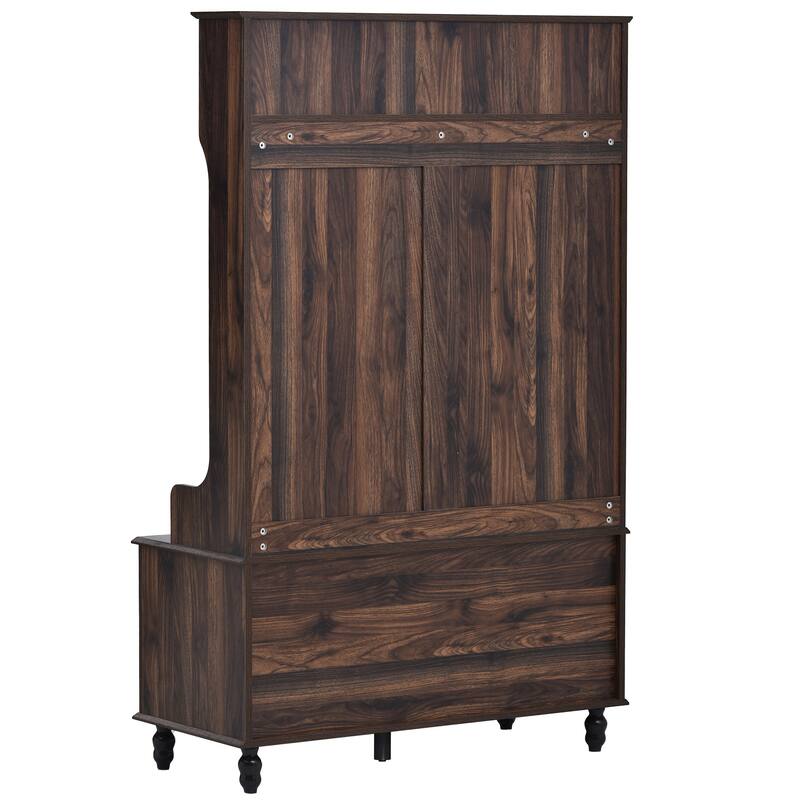 Modern Hall Tree, Entryway Bench with 2 Open Storage Shelves, 4 Metal Double Hooks, for Entrance and Hallway