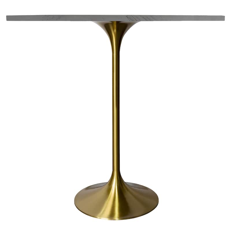 LeisureMod Verve Round Bar Dining Table with White Resin TableTop and Gold Steel Base for Kitchen & Dining Room