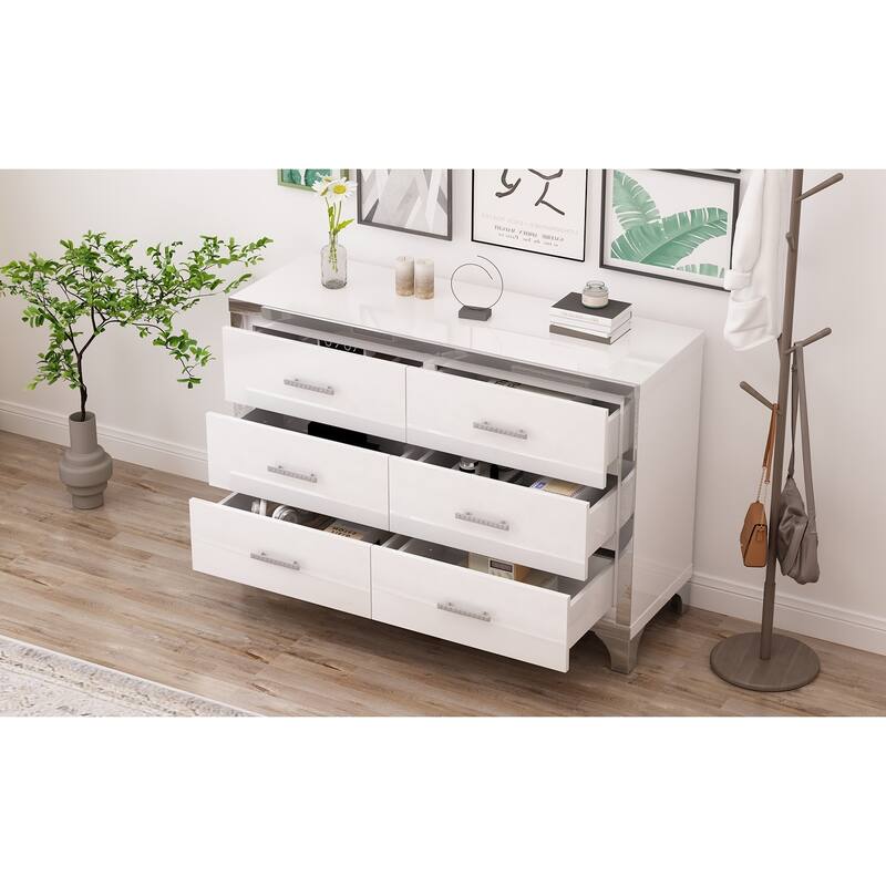 Elegant High Gloss Dresser with Metal Handle,Mirrored Storage Cabinet with 6 Drawers for Bedroom