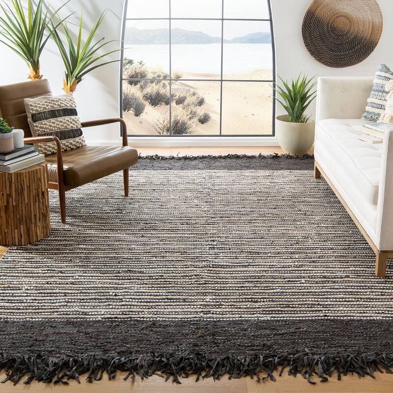 SAFAVIEH Handmade Vintage Boho Leather Lia Modern Stripe Leather - 6' x 9' - Dark Brown/Multi - Rectangle